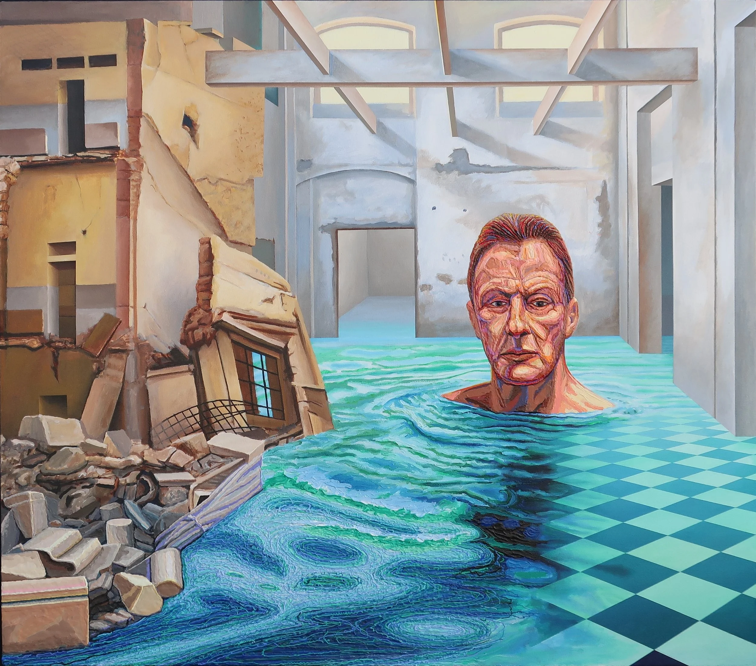 A surreal painting of a futuristic indoor space with a person’s head emerging from a swimming pool, surrounded by damaged walls and debris.