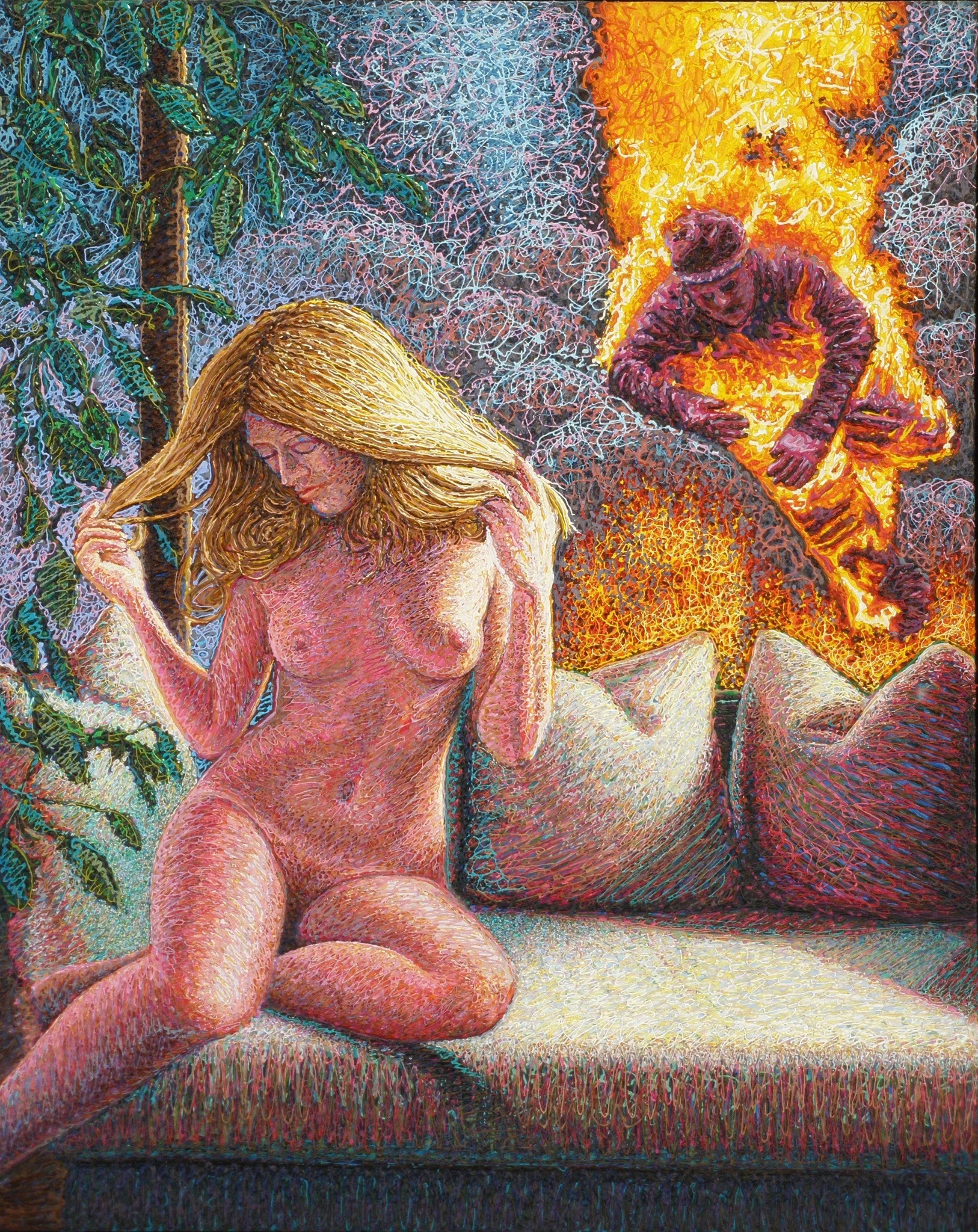 A colorful painting of a nude woman kneeling on a bed with long blonde hair, surrounded by a lush green plant. Behind her, a fire-wearing figure is jumping over a large bed with pillows, with flames and smoke in the background.