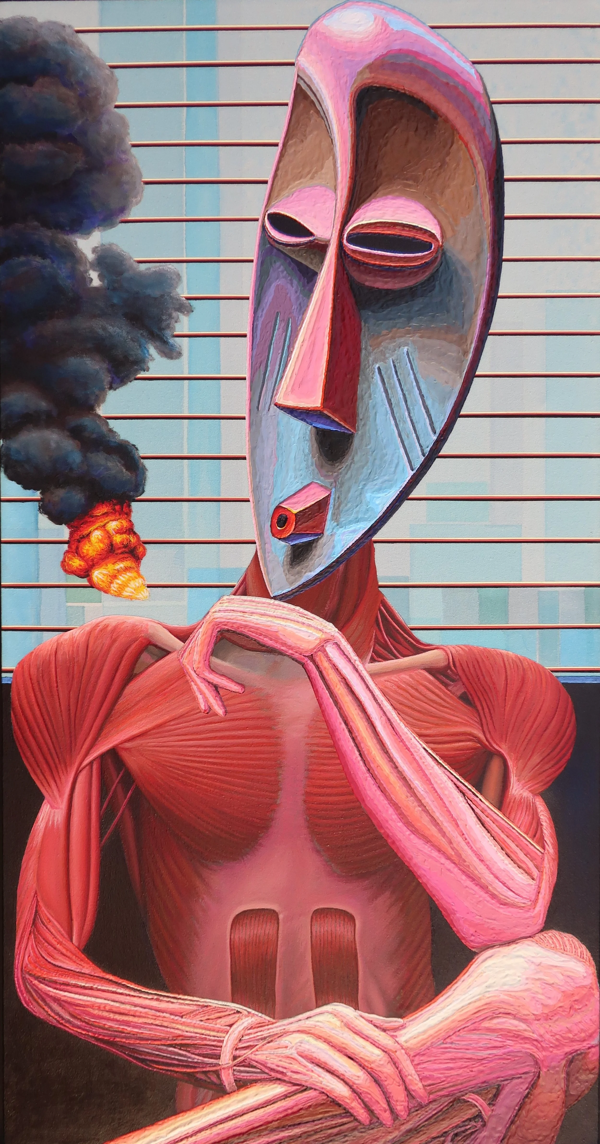 A surreal painting of a figure with exposed muscular anatomy and an abstract, mask-like face, smoking a cigarette with smoke and a small explosion in the background.