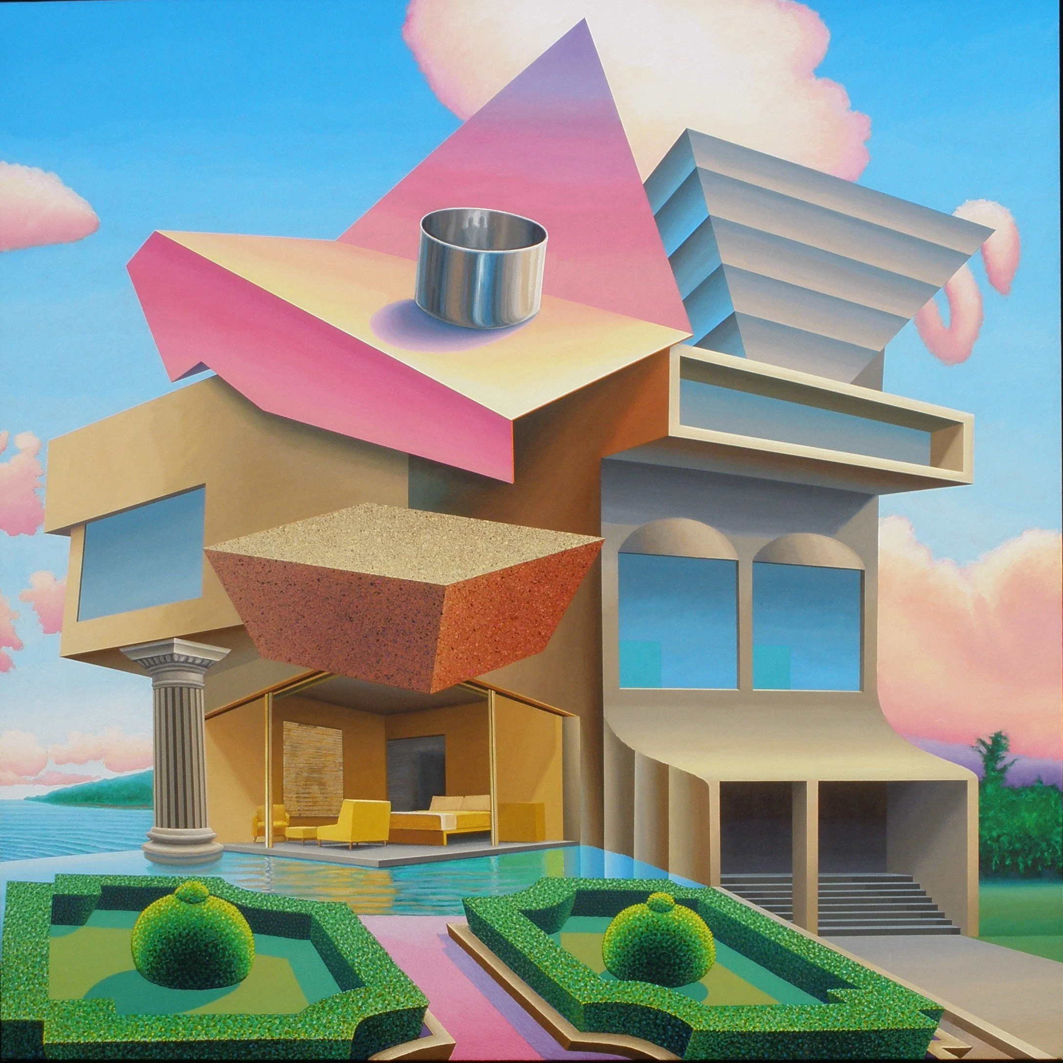 Surrealist modern house with multiple geometric shapes, pastel colors, a classical column, a swimming pool, and manicured greenery, under a sky with pink clouds.