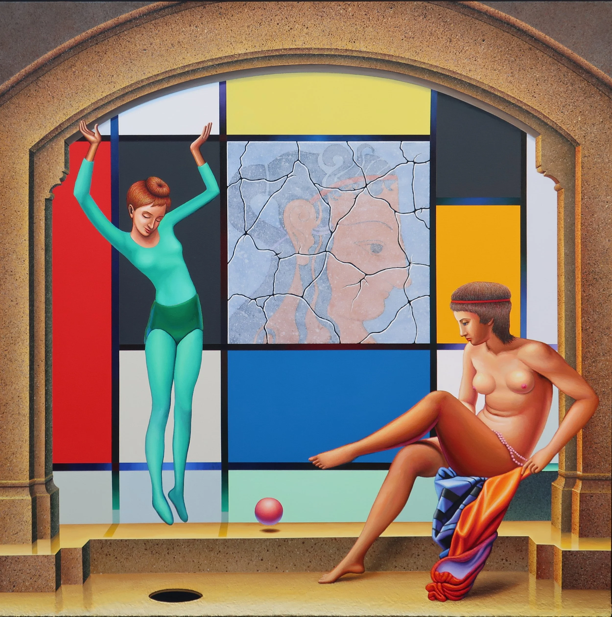 A painting featuring two women in a room with colorful stained glass windows. One woman with short brown hair and a headband is sitting on a ledge, partially nude, with a ball in front of her. The other woman has short red hair, is wearing a one-piec