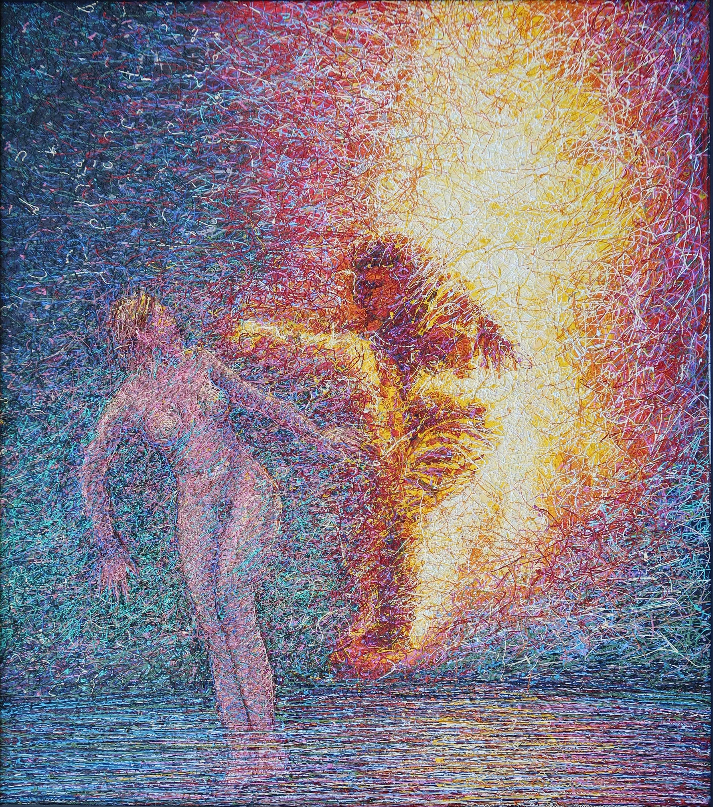 Colorful abstract painting of a man on fire approaching a nude woman by the water.