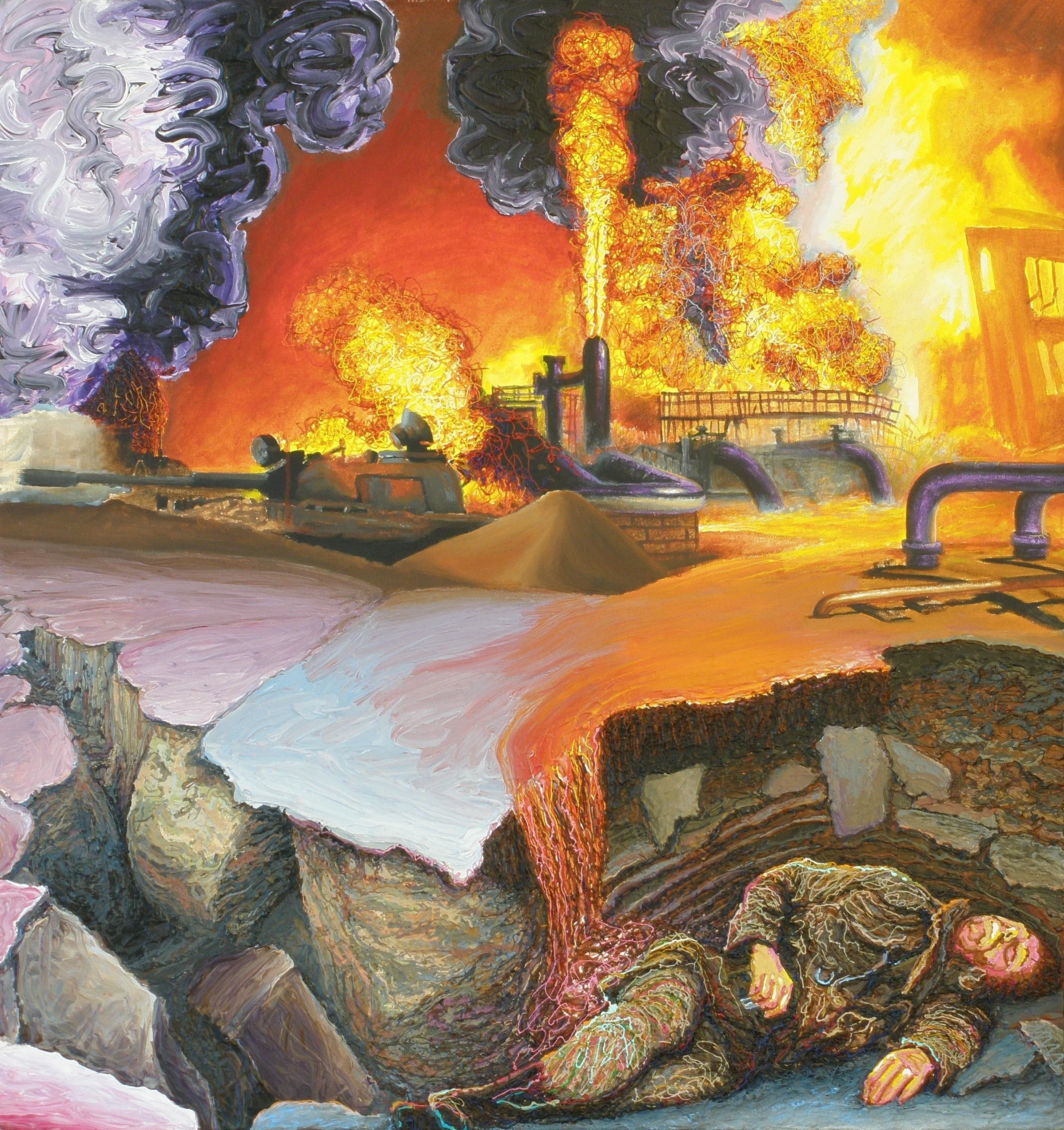 A painting depicting an industrial scene engulfed in flames and thick black smoke, with a person lying on the ground near a large hole in the earth, amidst broken rocks and debris.