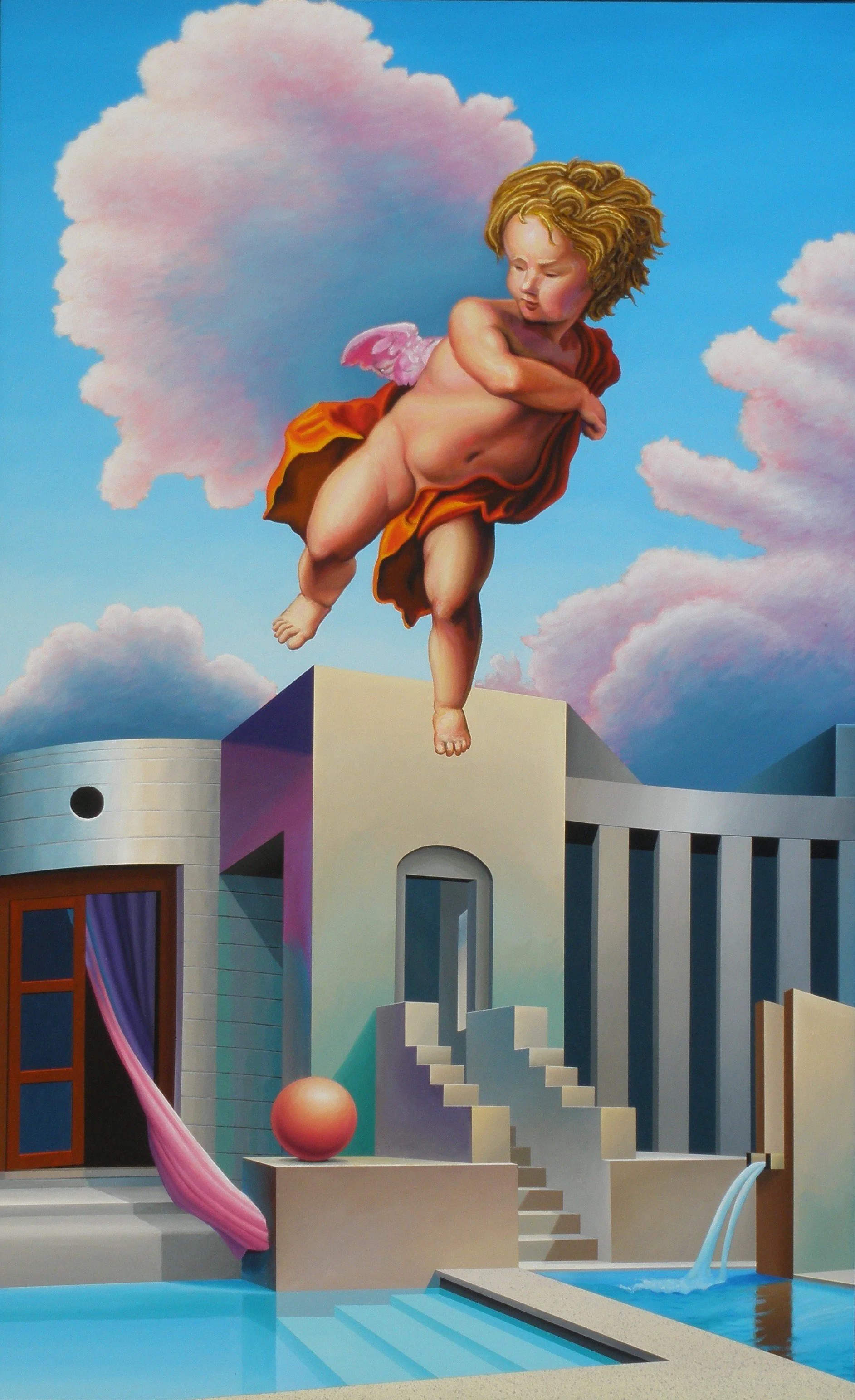A surreal painting depicting a large, winged cherub-like child flying above modern architectural structures against a bright blue sky with pink and white clouds.