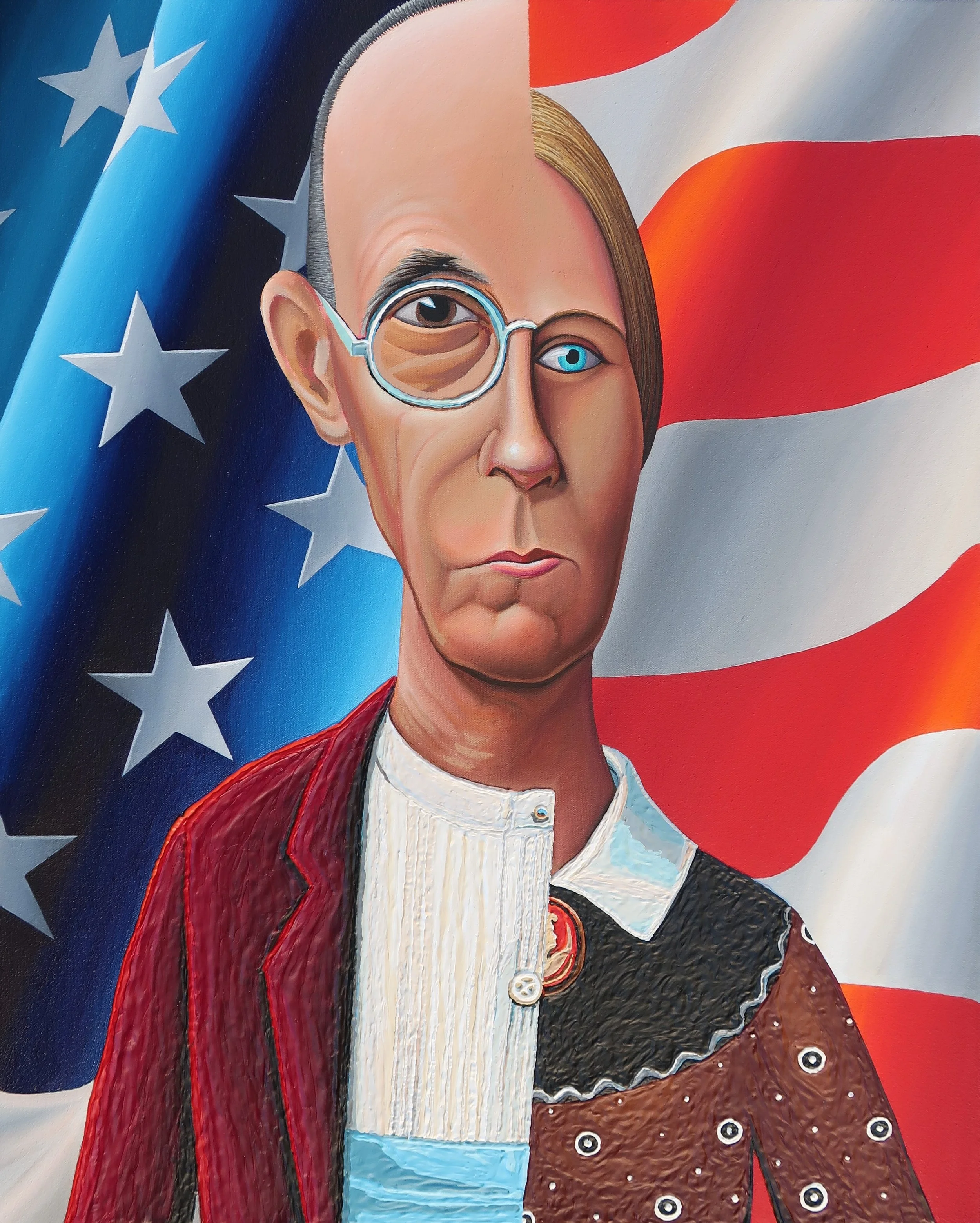 A portrait painting of Abraham Lincoln with half of his face as a typical statue and the other half painted in a modern artistic style, set against an American flag background.