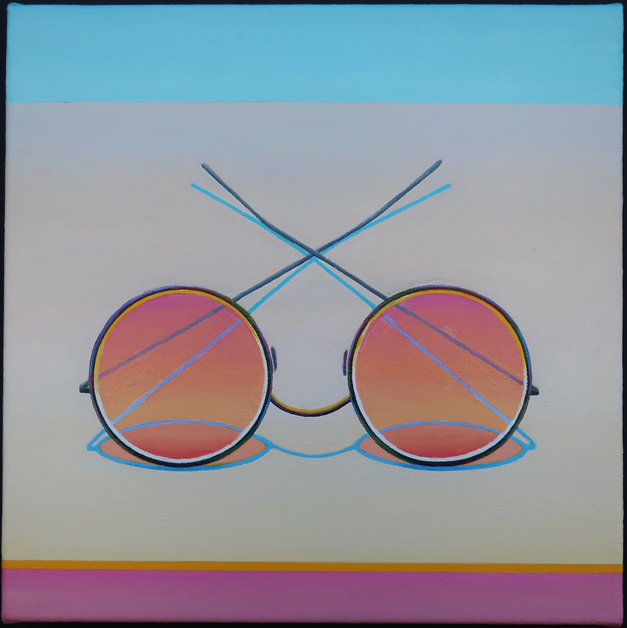 Colorful painting of sunglasses with pinkish-orange lenses in the style of Wayne Thiebaud.