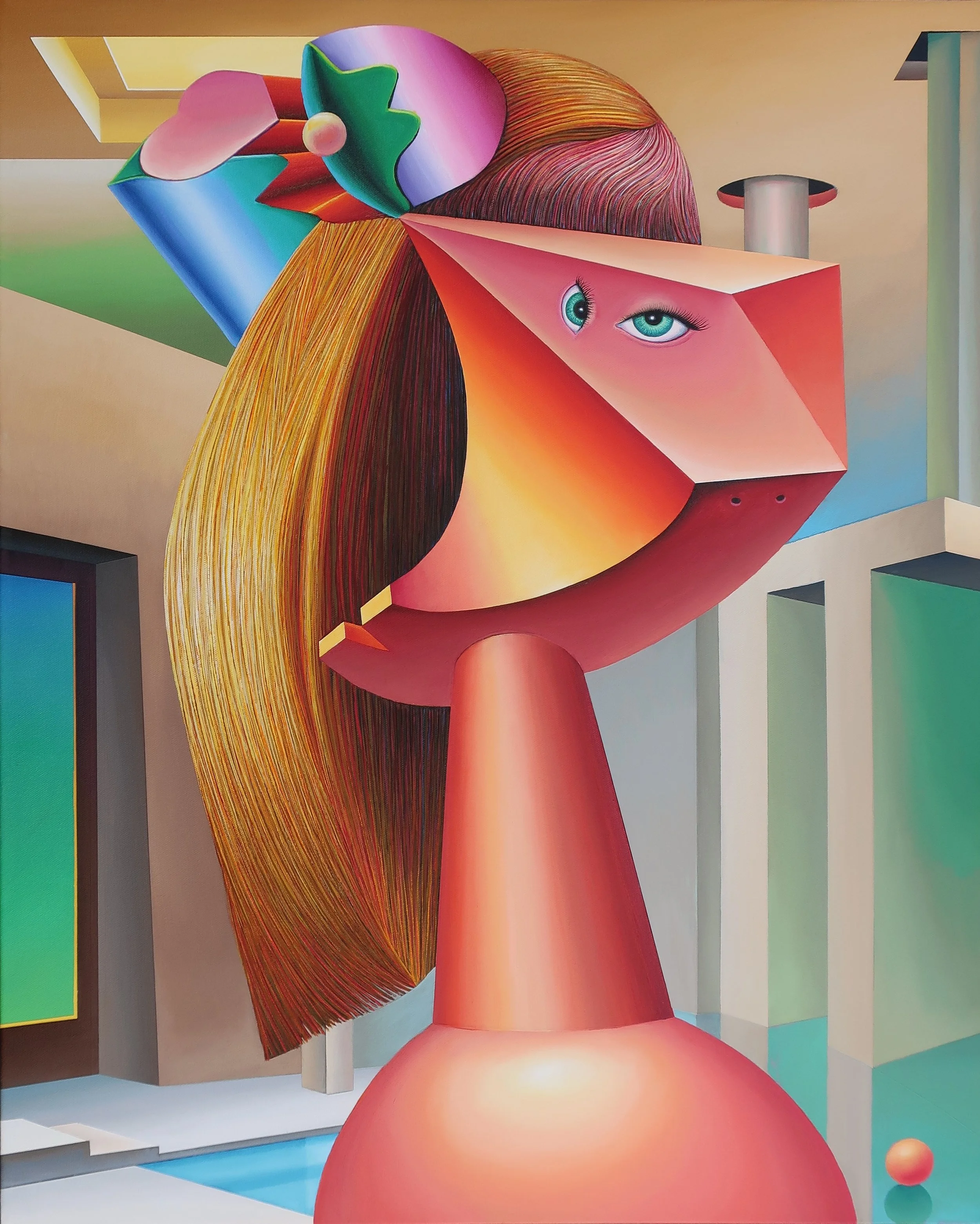 Abstract painting featuring geometric shapes, including a cube with human eyes, a cylindrical base, colorful curved forms, and architectural elements in the background.