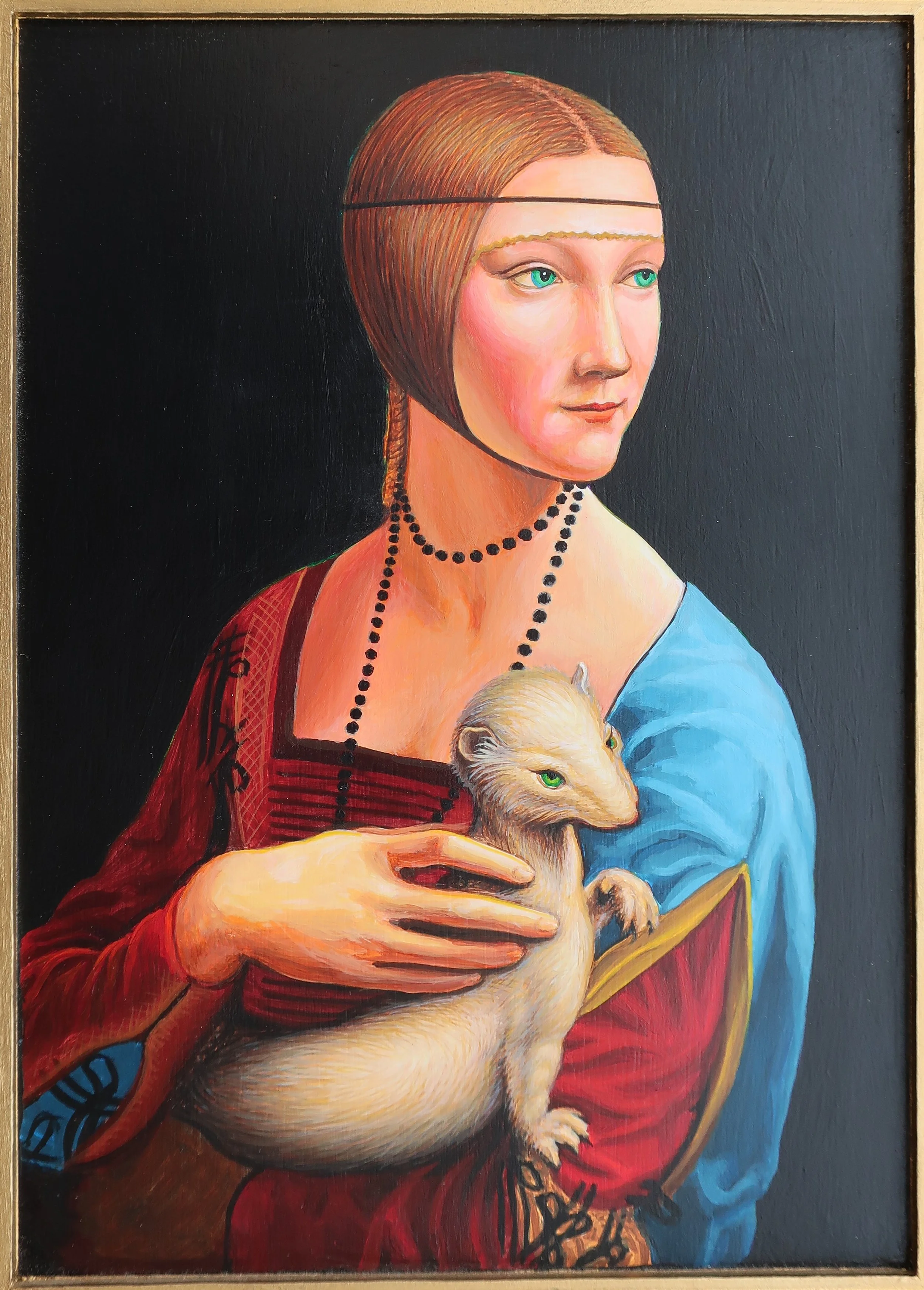 A copy of Leonardo's painting with red hair, blue eyes, wearing a black bead necklace, a red and brown dress with embroidered patterns, and a blue shawl. She is holding a small, cream-colored ferret with blue eyes against a black background.