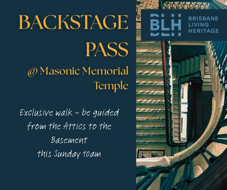 Have you reserved your free ticket to our first Backstage Pass Walk? 
We are meeting at the Ann St entrance to the Masonic Memorial Temple for a 10am start this Sunday.
Be guided from the Basement to the Attic. Take some spectacular photos. Enjoy the