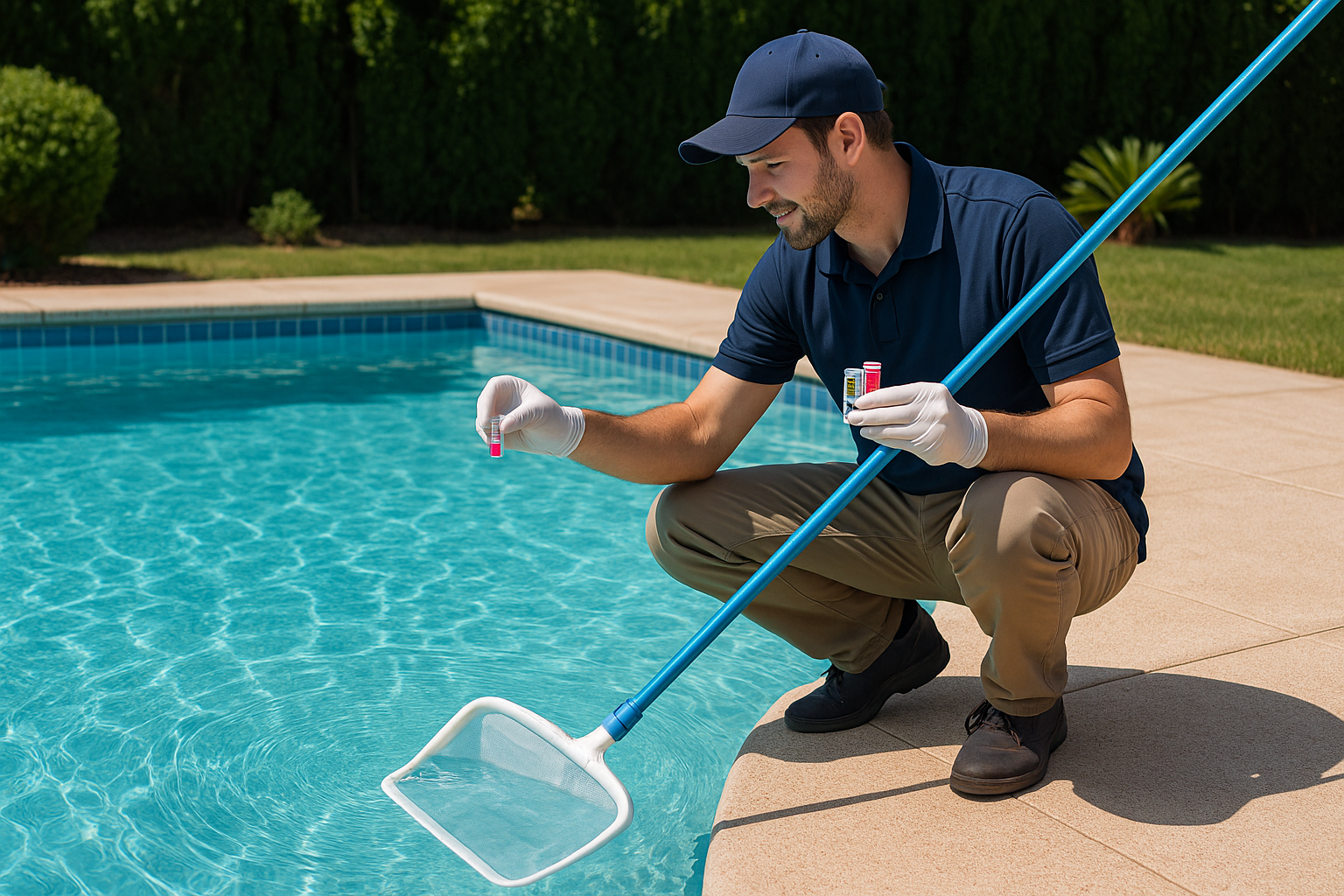 A man crouching by a swimming pool holding a pool skimmer and testing water with test tubes.