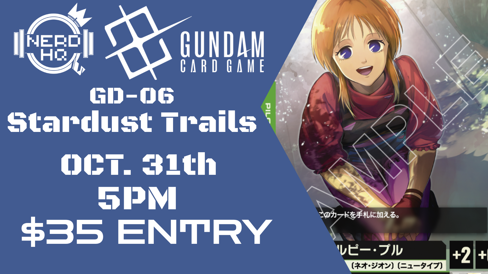 Promotional flyer for Gundam Card Game Starburst Trails event on October 31st at 5 PM, $35 entry fee, featuring anime-style character with orange hair and purple eyes, and Japanese text at bottom.