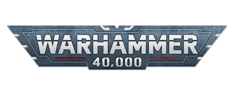 Warhammer 40,000 logo with metallic text and a dark background.