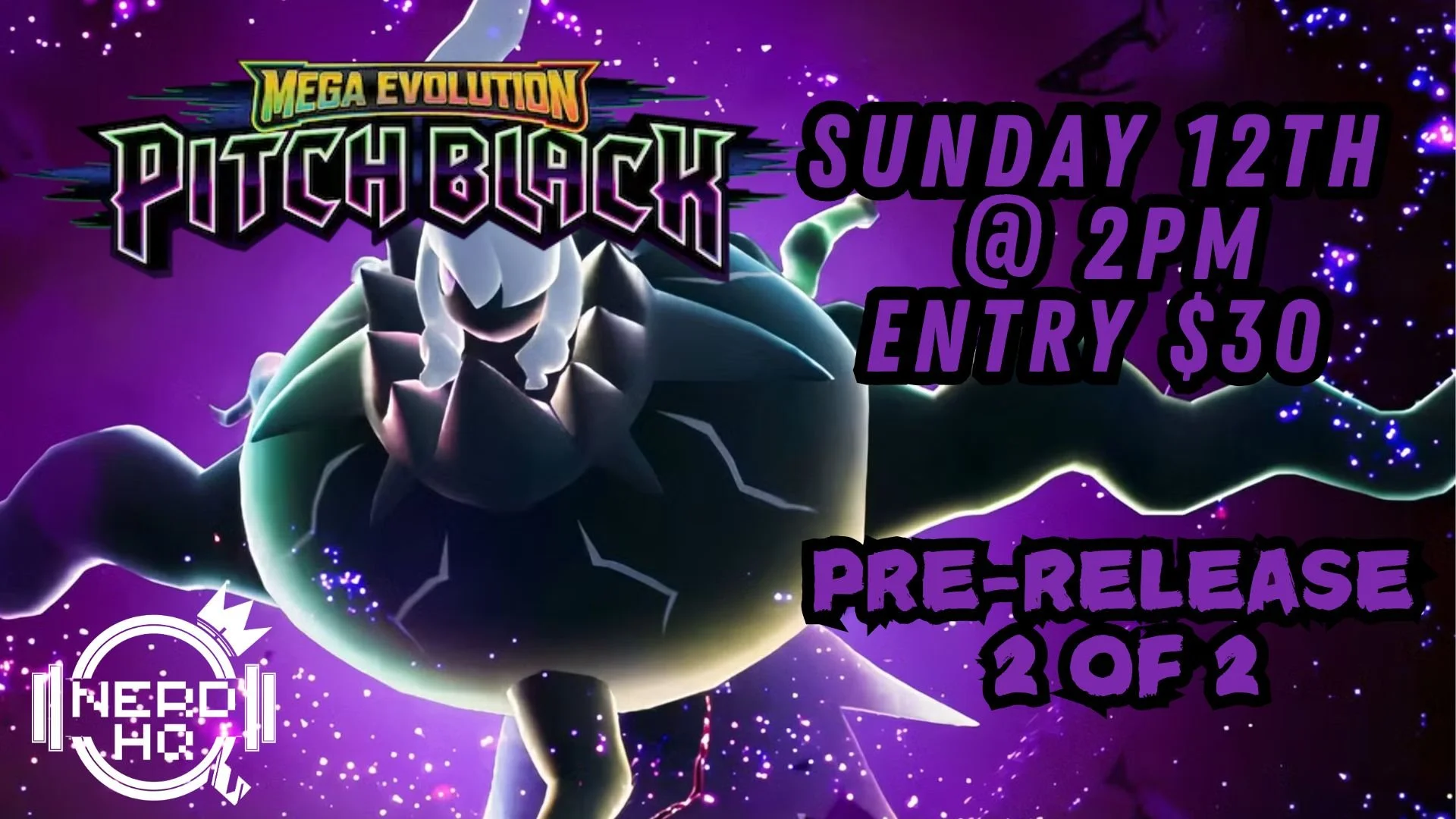 Promotional poster for Mega Evolution Pitch Black video game event featuring a dark, monstrous creature with glowing eyes and wings, set against a purple cosmic background with sparkles and energetic effects.