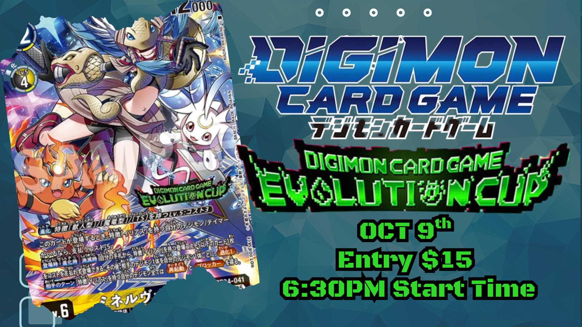 Promotional poster for a Digimon card game tournament called Digi Evolution Cup, scheduled for October 9th with an entry fee of $15, starting at 6:30 PM.