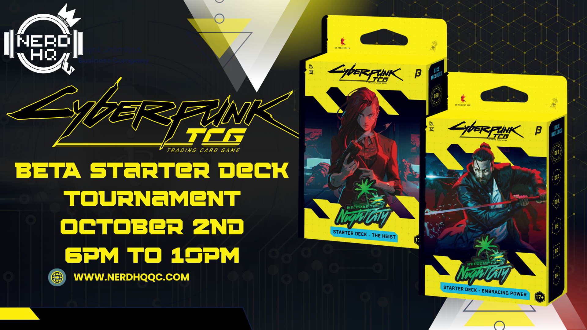 Promotional poster for a Cyberpunk TCG trading card game Beta Starter Deck Tournament on October 2nd from 6PM to 10PM featuring artwork of characters in a cyberpunk setting, with details about the event, website, and age restriction.