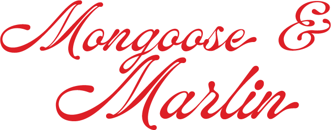 Text reading 'Mongoose & Marlin' in elegant red cursive font.
