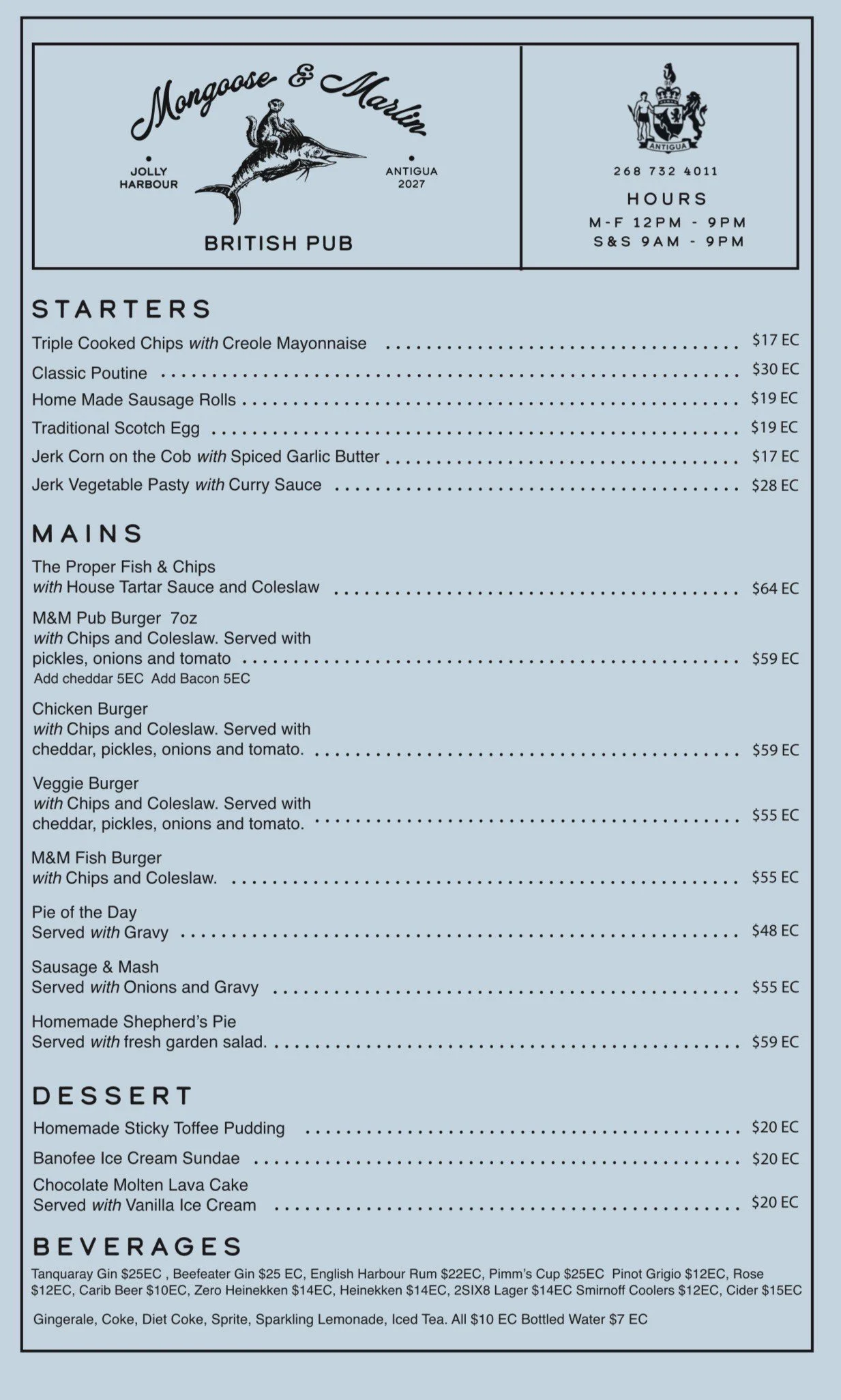 Restaurant menu with food and drink options from Mongoose & Martin British Pub in Antigua, including starters, mains, desserts, and beverages.