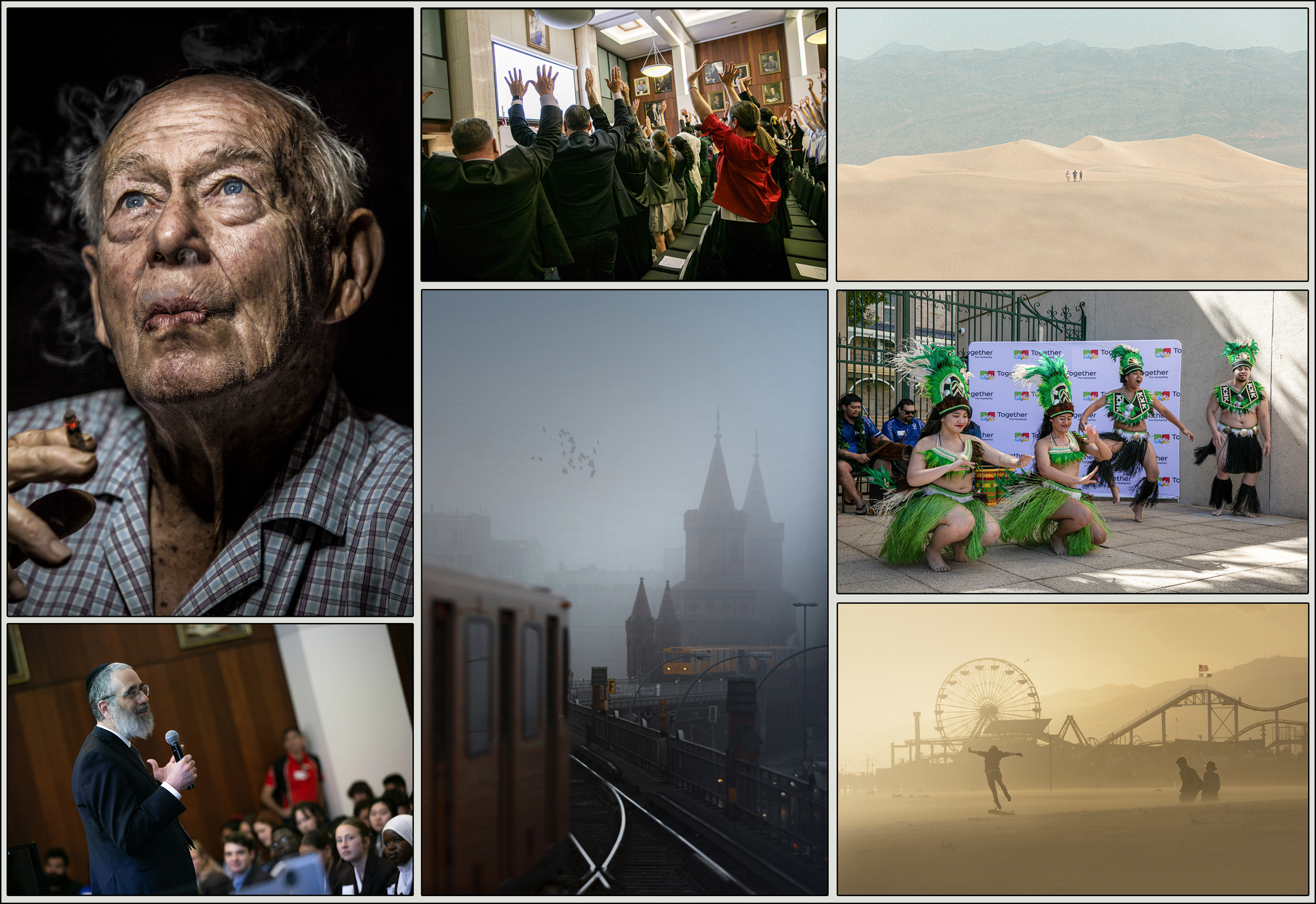 A collage of various scenes including a close-up of an elderly man smoking a cigar, a group of people raising their hands in a conference room, a desert landscape with dunes and distant mountains, a foggy cityscape with a communications tower, performers in traditional costumes dancing, a train arriving at a station, and children playing on a beach at sunset.