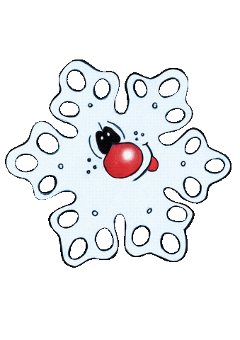 Icy, a cartoon snowflake with a smiling face, featuring a red nose, black eyes, and playful expression.