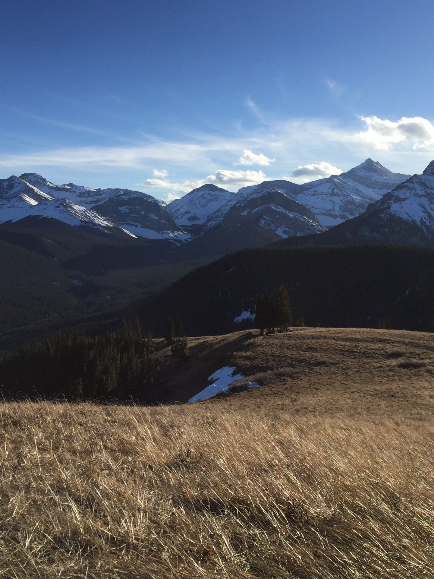 A scenic landscape of snow-capped mountains in the background, rolling grassy hills in the middle, and a clear blue sky with some clouds.