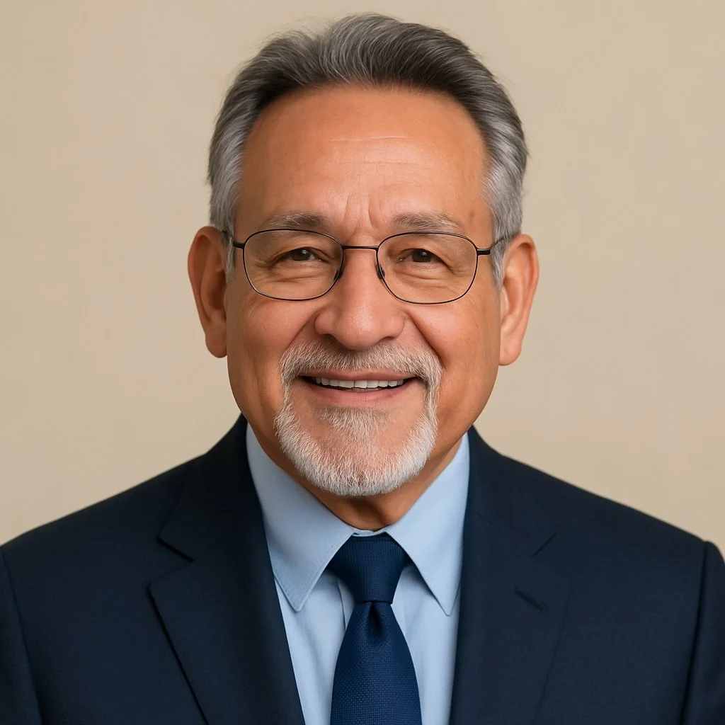 A middle-aged man with gray hair and a beard wearing glasses, a blue shirt, and a dark suit, smiling in front of a plain beige background.