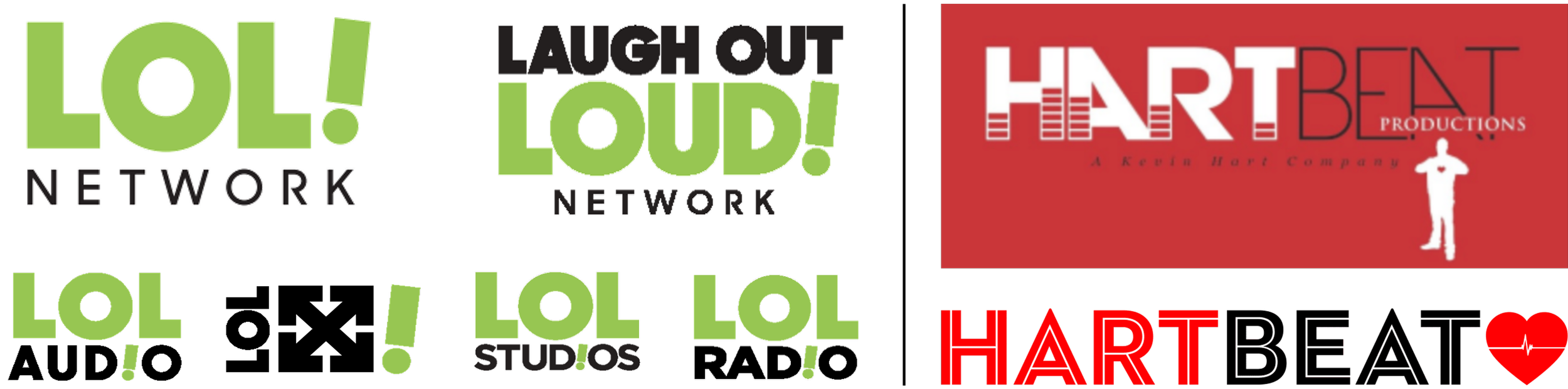 Previous logos for Kevin Hart's Laugh Out Loud--LOL Network, LOL Audio, LOL Studios, LOL Radio, and LOLX--and Hartbeat Productions.