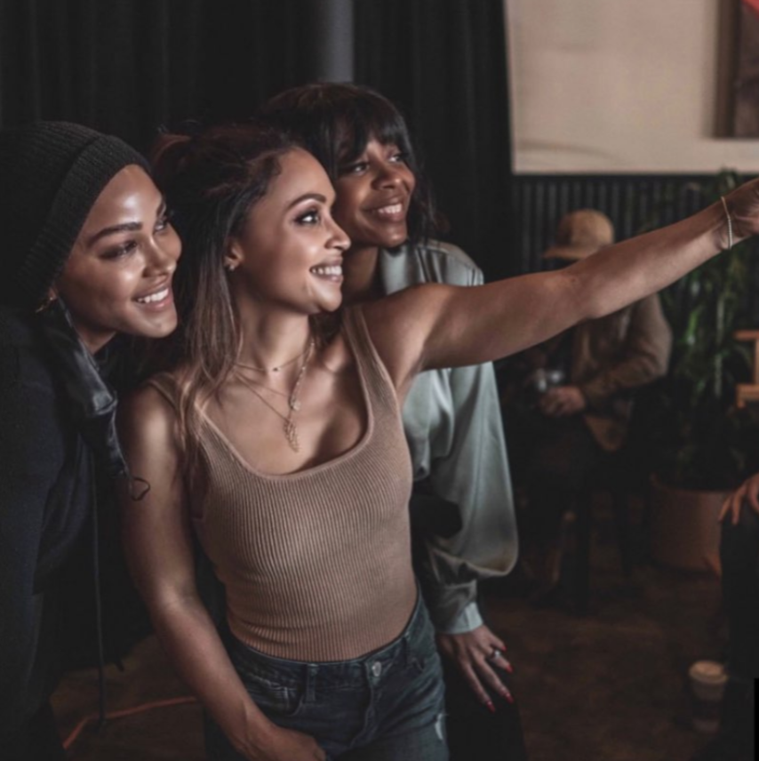 Actors Megan Good, Danielle Nicolet, and Bresha Webb Women on the set of Black Karen as part of Hartbeat's Women Write Now fellowship.