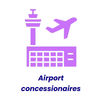 Purple icon of an airport control tower, airplane, and terminal building with the label 'Airport concessionaires' in blue text.