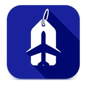 SkyBuys icon of an airplane inside a luggage tag on a blue background.