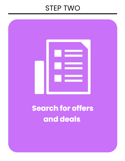 Purple background with white document icon, step two text at top, and 'Search for offers and deals' at bottom.