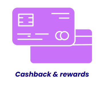 Purple credit card with two overlapping cards and the text "Cashback & rewards" below.