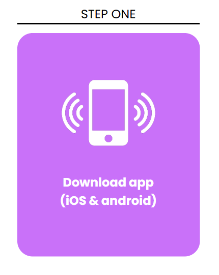 Step one instruction for downloading an app for iOS and Android, featuring a purple background with a white smartphone icon and wireless signal lines.