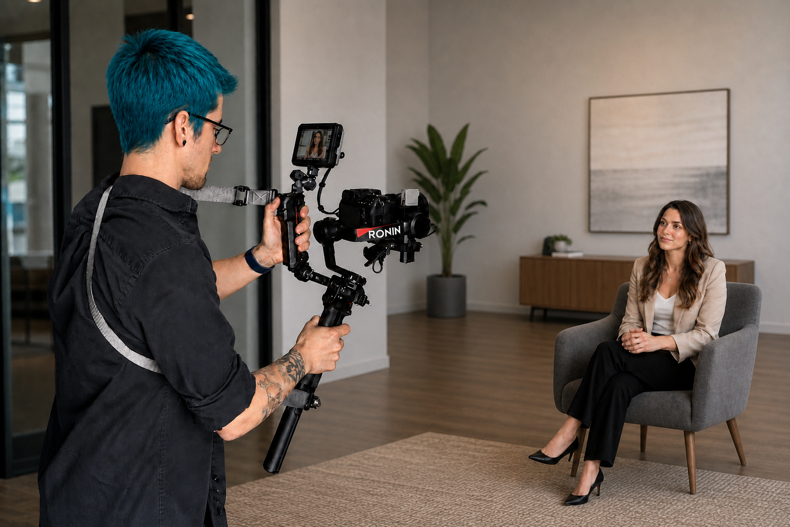 HyperTech Production videographer filming a professional interview with a camera gimbal.