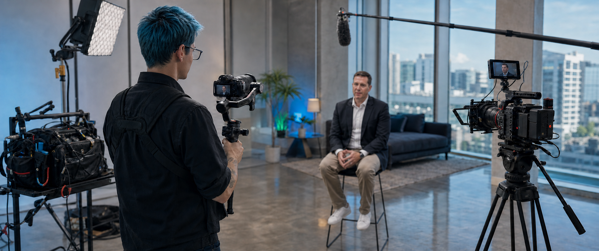 HyperTech Production videographer filming an interview with a gimbal and studio camera.