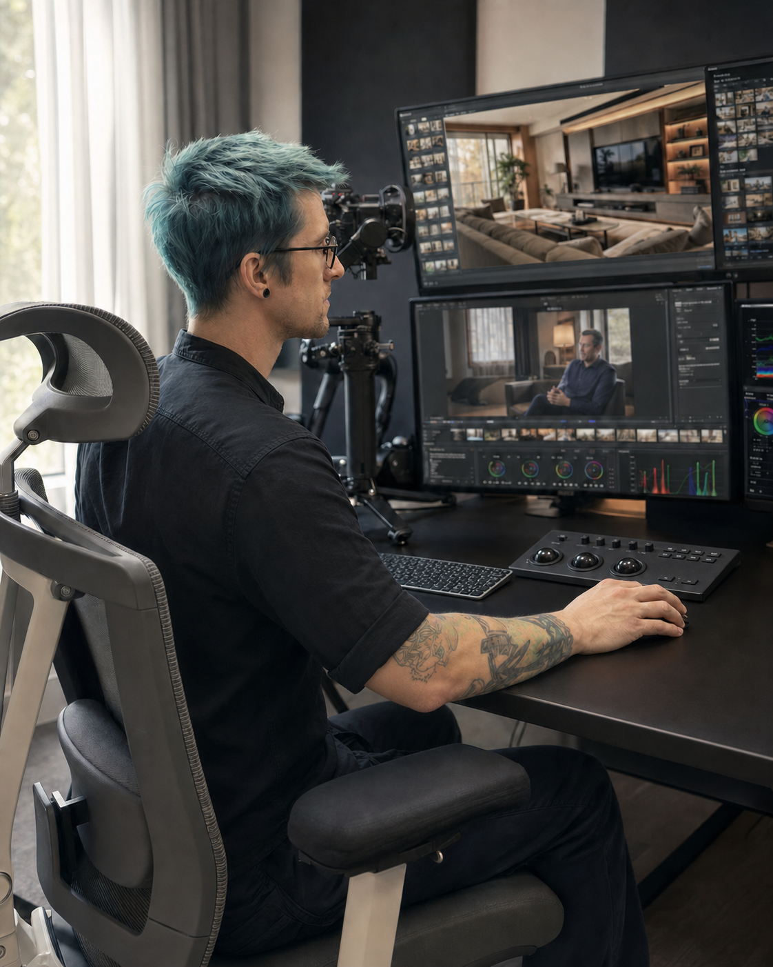 HyperTech Production videographer editing client video at a professional post-production workstation.