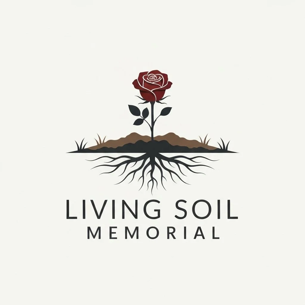 Logo featuring a rose growing from the soil with visible roots, titled "Living Soil Memorial."