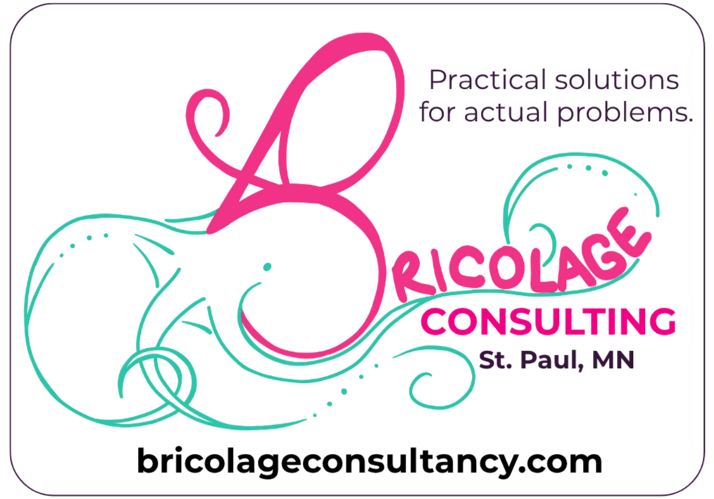 Bricolage Consulting octopus logo with location, tag line, and website