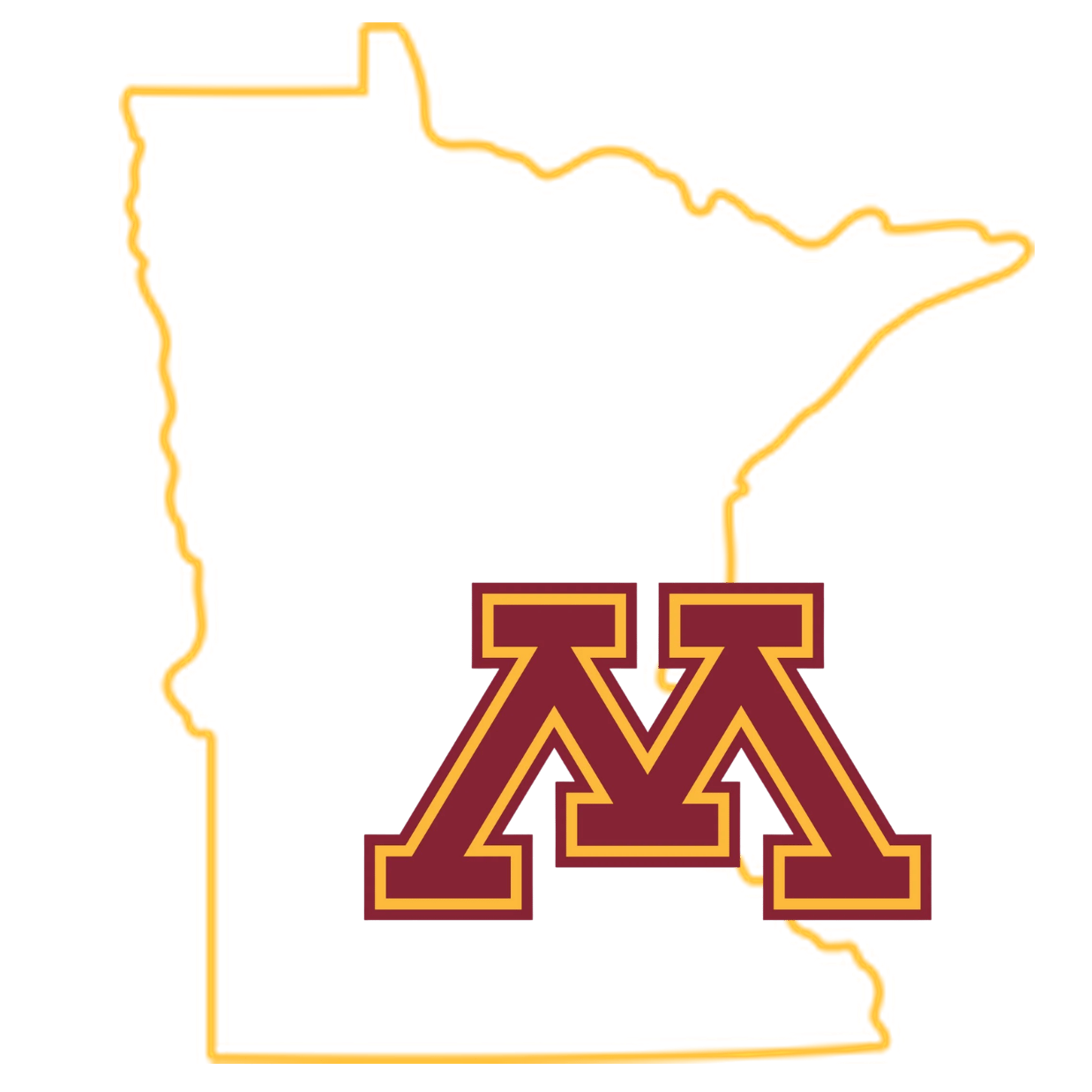 Outline of the state of Minnesota with the University of Minnesota "M" logo affixed in the south-east region