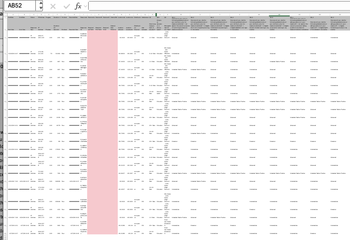 Screen capture of raw survey data in a spreadsheet
