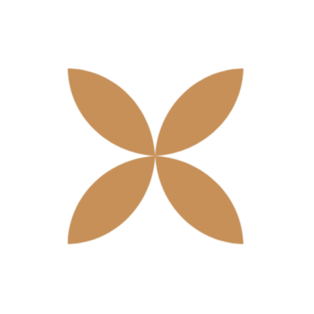 A logo with a flower-like design consisting of four brown petals on a black background.