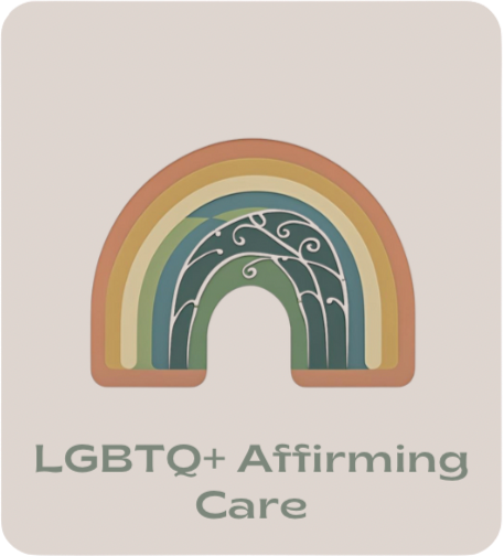 An earth toned rainbow with a swirl design that says "LGBTQ+ Affirming Care" under it. Representing virtual mental health therapy for LGBTQ+ folks in New York that supports identity exploration (gender and sexuality) & is queer affirming.