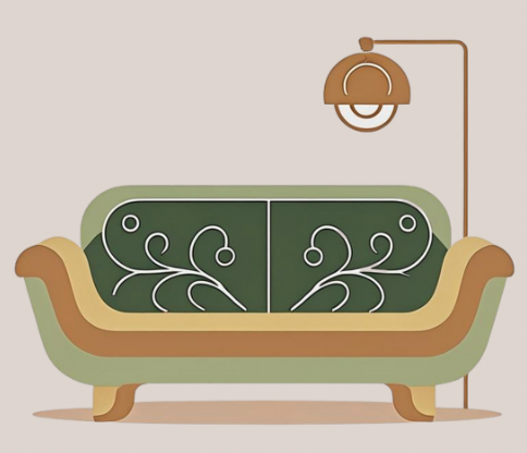 A vintage-style therapy sofa with green, brown, and yellow upholstery, decorated with white swirling patterns, and a brown and gold floor lamp behind it.