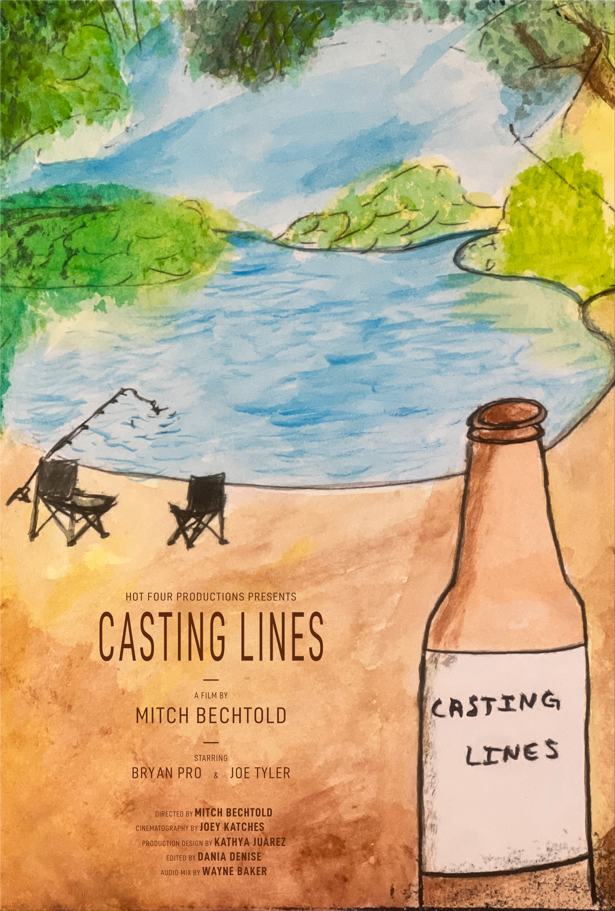 Illustrated watercolor movie poster for dark comedy short film "Casting Lines," presented by Hot Four Productions and Mitch Bechtold. Serene riverbank scene with a fishing rod cast into a river, and a handwritten "Casting Lines" label bottle.