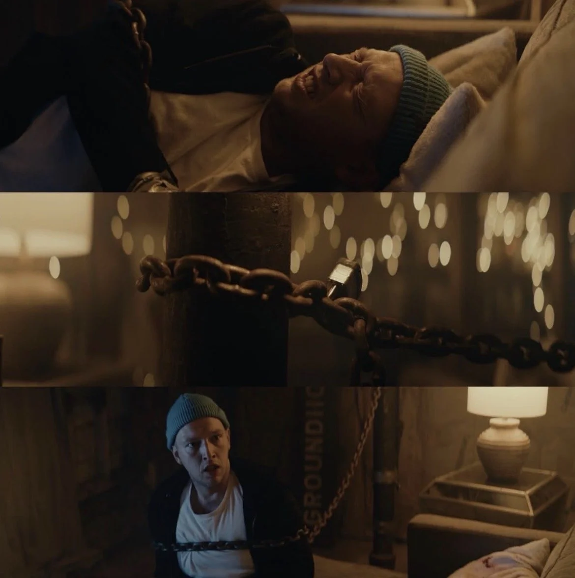 A three-panel cinematic from the indie thriller "Good Friends" by Hot Four Productions. A close-up of a distressed man in agony. A heavy metal chain against a backdrop of warm bokeh lights. Low-budget narrative tension and high-tier visual execution.