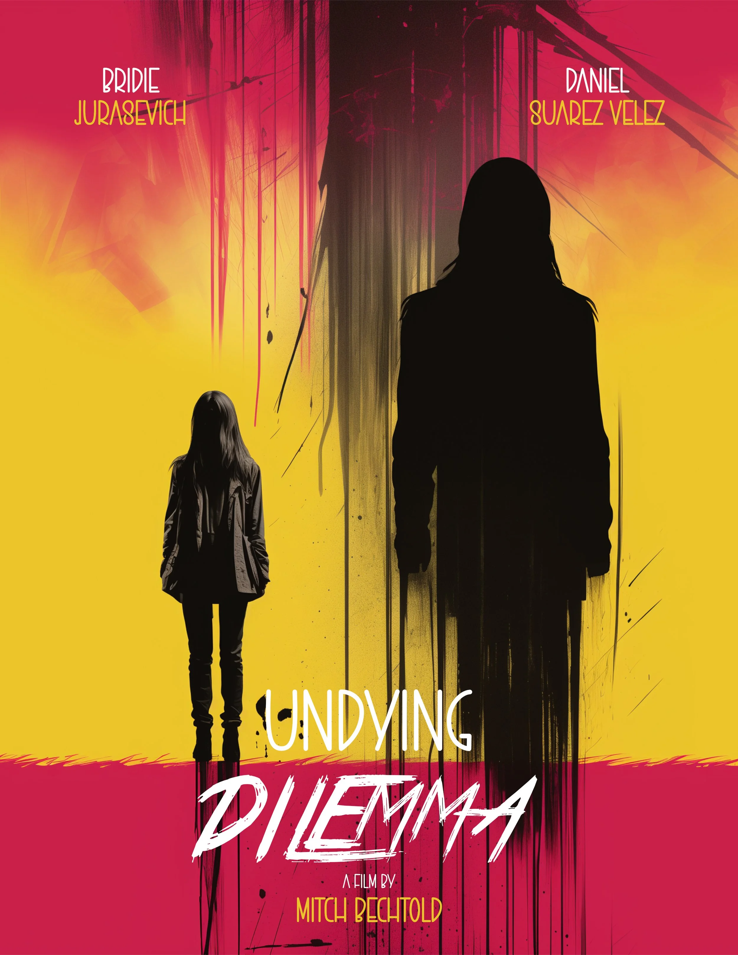 Stylized indie movie poster for offbeat horror-comedy film "Undying Dilemma," directed by Mitch Bechtold and produced by Hot Four Productions. Featuring a striking high-contrast color palette of bright yellow, deep crimson, and black.