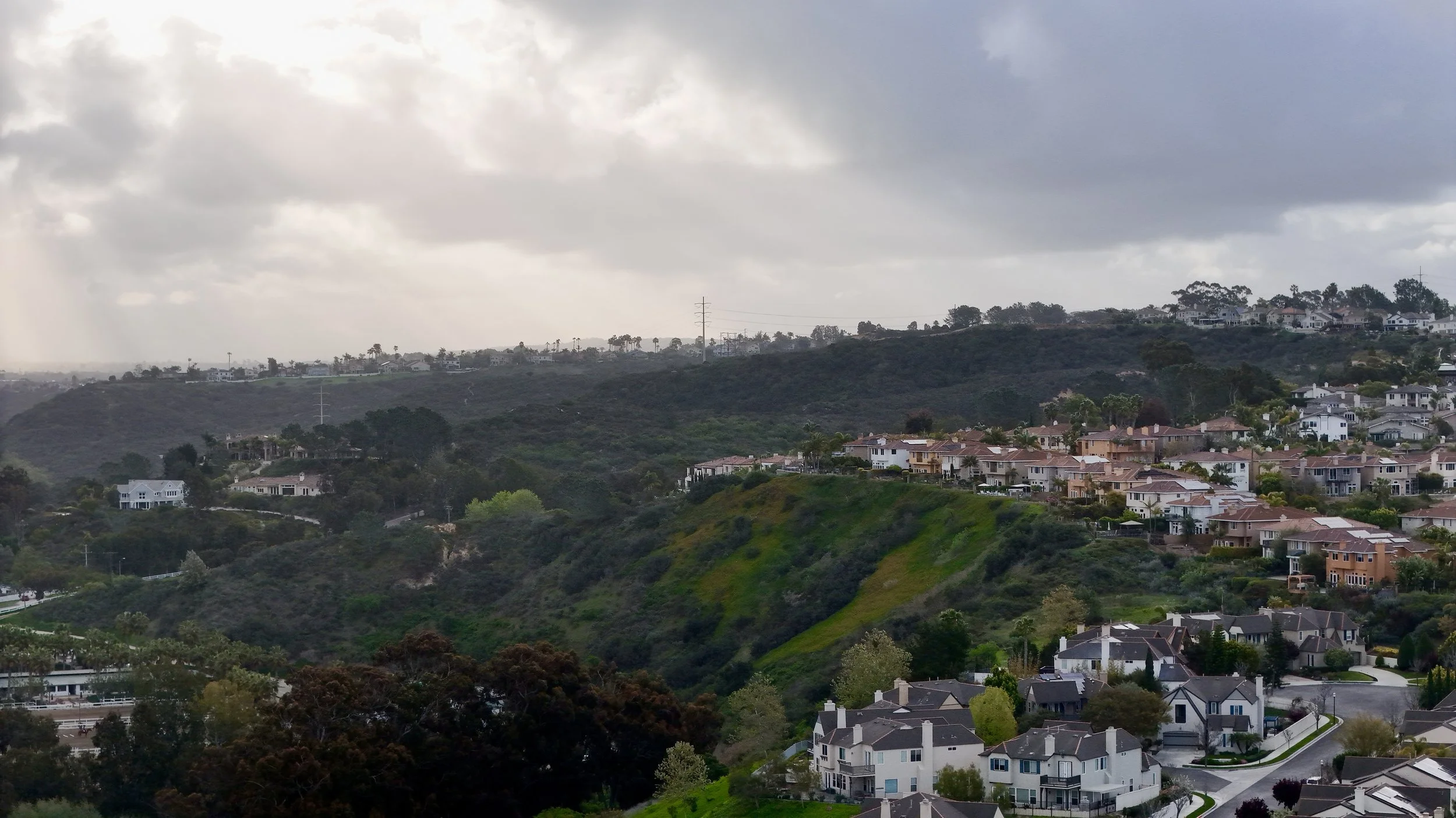 A hillside residential neighborhood with houses, trees, and green vegetation under a cloudy sky.