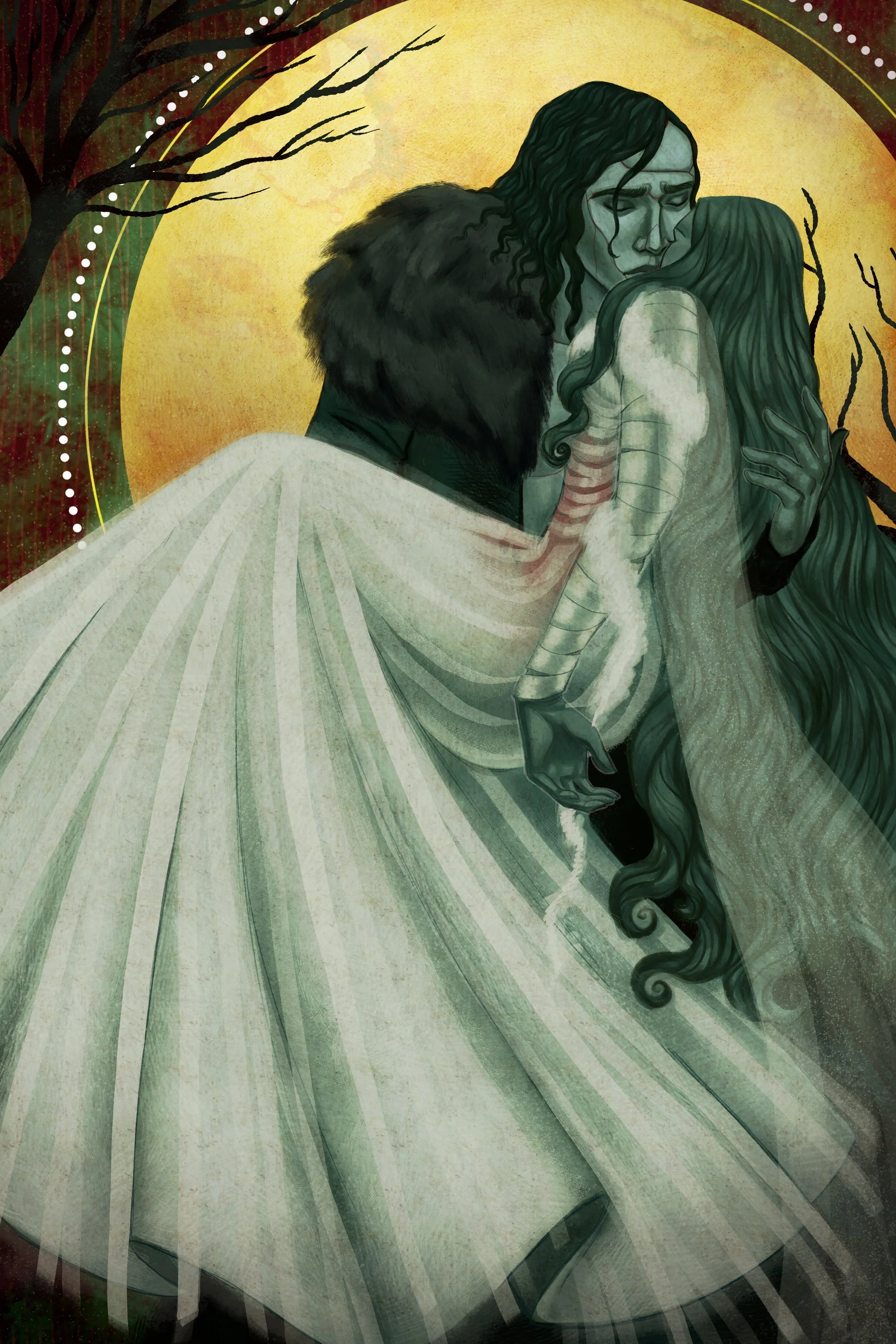 Illustration of a man and woman embracing, with the man holding the woman dying in his arms. The scene has dark, moody colors, with a yellow full moon, barren tree branches, and a textured background.