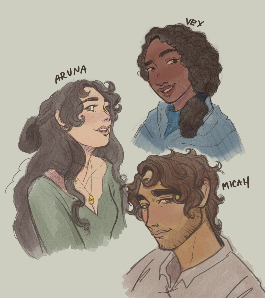 Portraits of 3 characters, a black woman with a curly side ponytail and blue turtleneck and cloak, a mixed white/asian woman with curly black hair, a yellow stone pendant, and a green shirt, and a young middle-eastern looking man with brown hair, thi