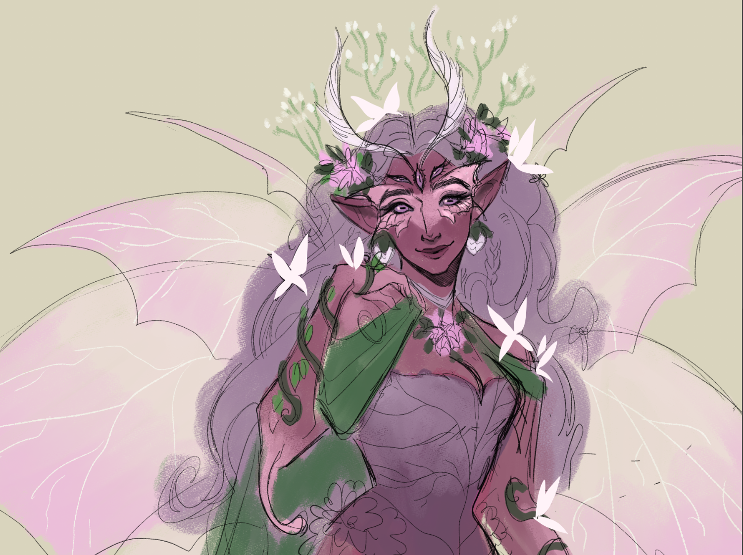 A sketch of a purple and green themed fairy woman with a bug-like appearance. She has 5 eyes, all lavender in color, fluffy lavender hair with pink flowers in it, and 8 pink toned wings. She's surrounded by white butterflies, branches of baby's breat