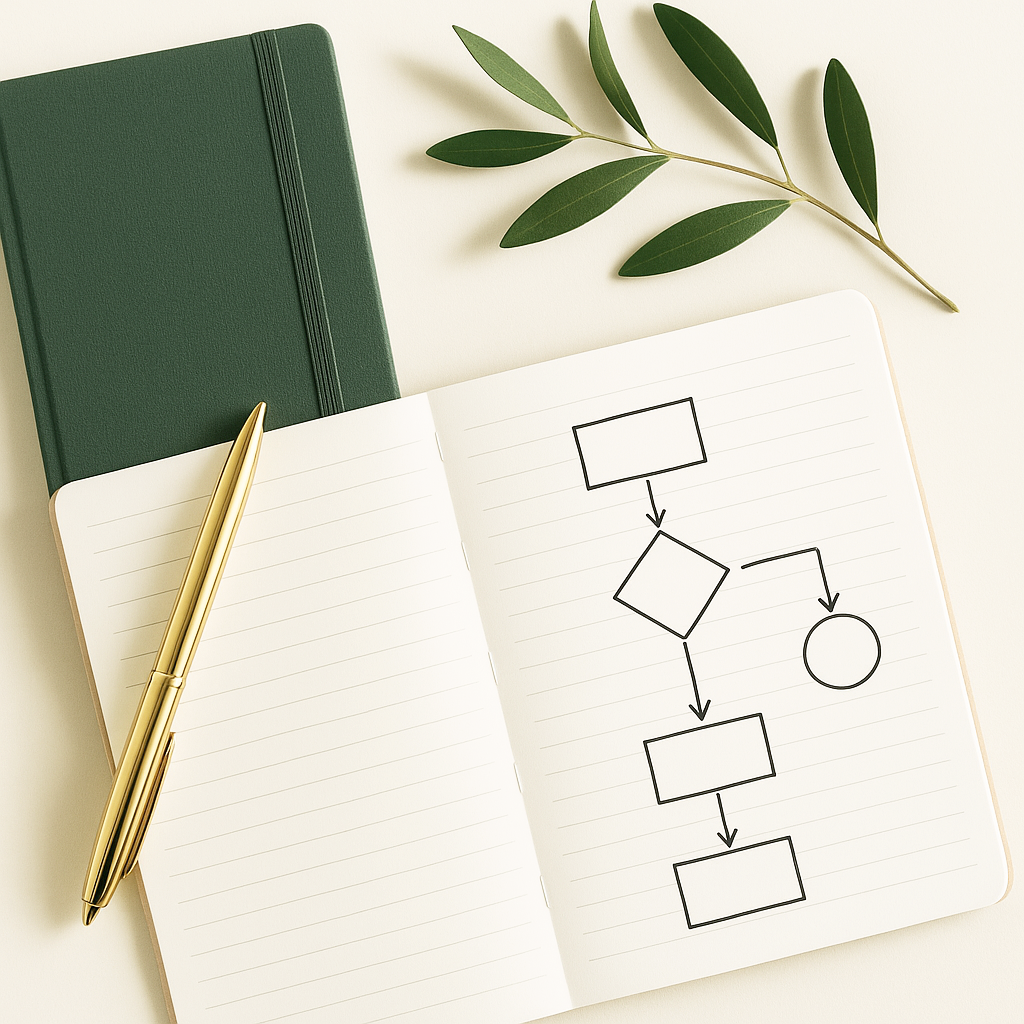 Open notebook with flowchart diagram, gold pen, closed green notebook, and green leaf on a light background.